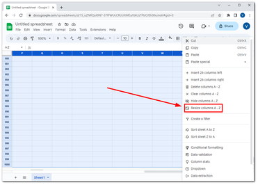 How to make all cells same size in google sheets